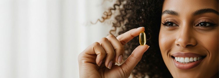 Blog of The Best Hair, Skin, and Nails Vitamins for Total Beauty Transformation which have image Woman smiling while holding a fish oil capsule